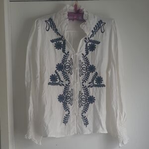 Floral Embroidered White and Blue Blouse